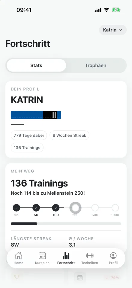 Mitglieder-App, Fortschritt: Gürtel, 8-Wochen-Streak, 136 Trainings und Weg zum Meilenstein 250.